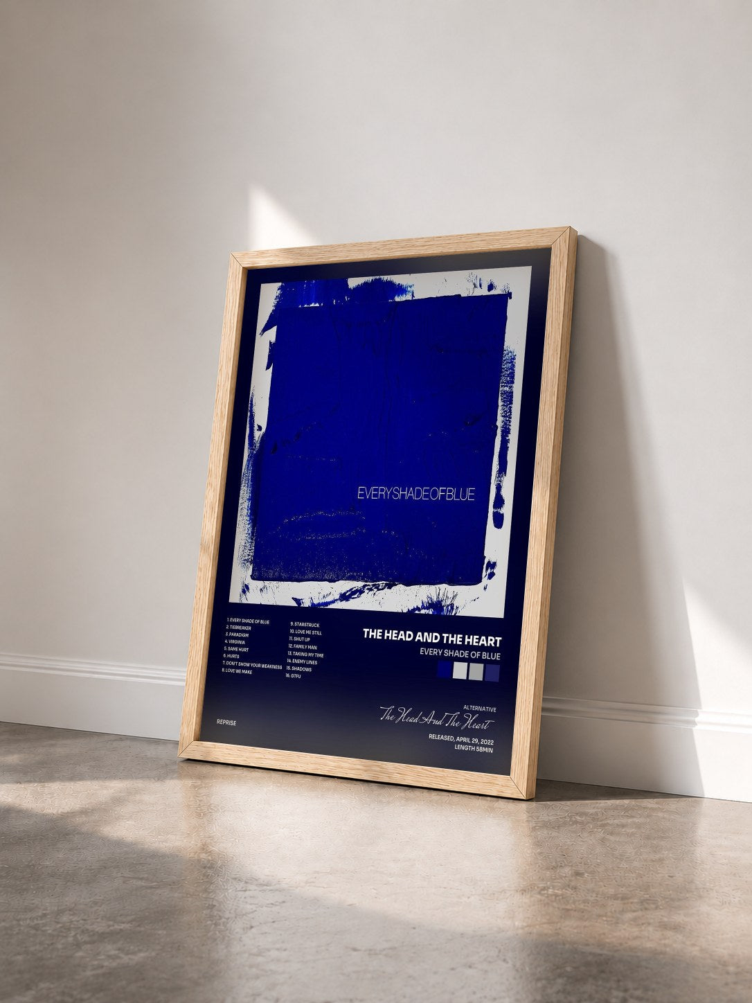 #bois Tableau de l'album Every Shade of Blue de The Head And The Heart vu de trois quarts, cadre en bois brut