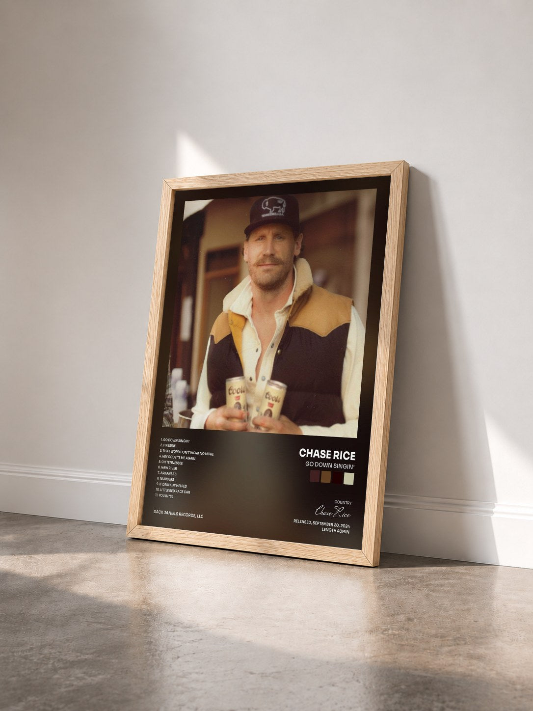 #bois Tableau de l'album Go Down Singin' de Chase Rice vu de trois quarts, cadre en bois brut