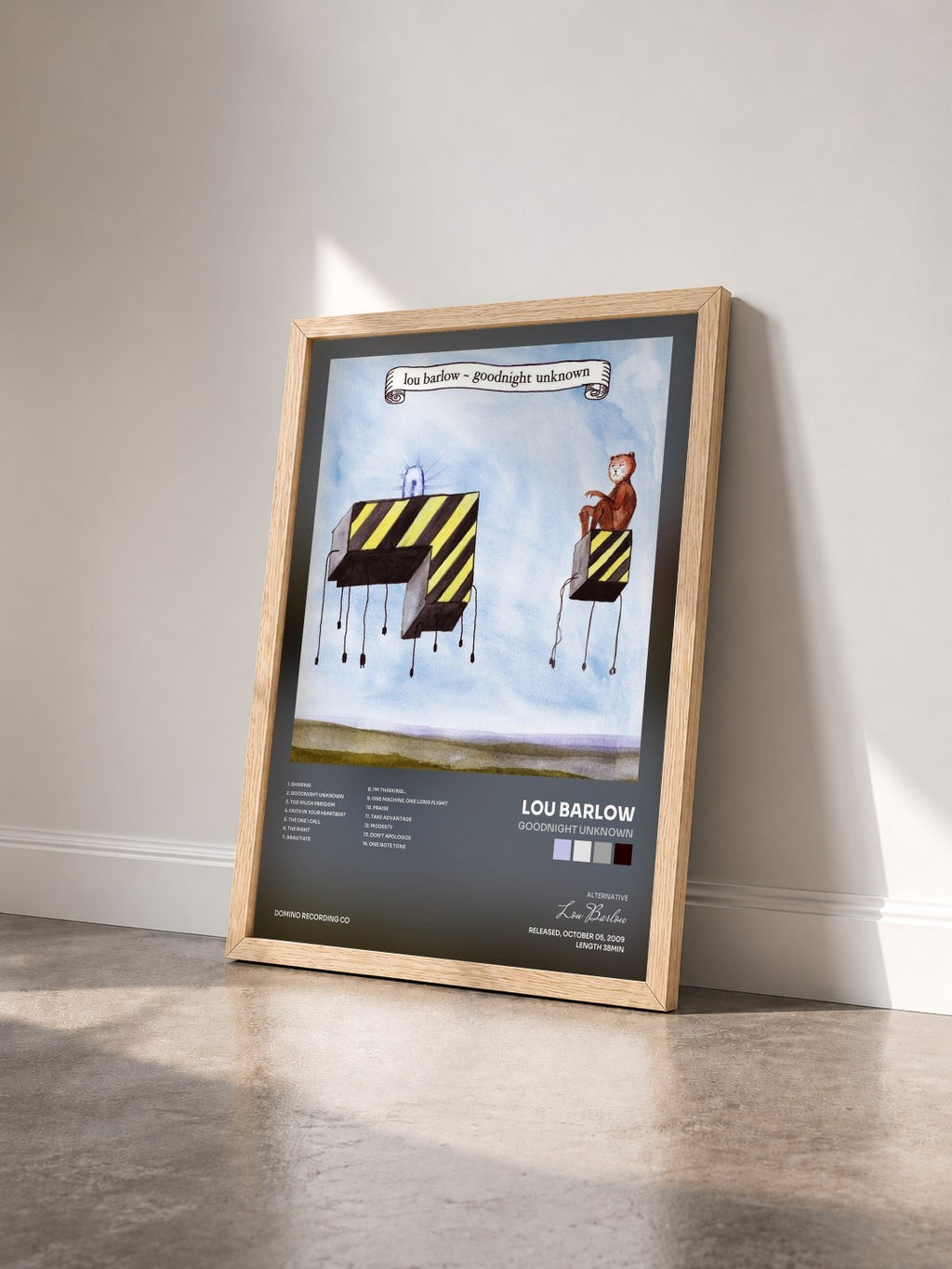 #bois Tableau de l'album Goodnight Unknown de Lou Barlow vu de trois quarts, cadre en bois brut