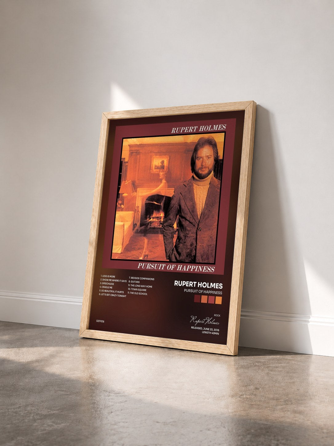 #bois Tableau de l'album Pursuit Of Happiness de Rupert Holmes vu de trois quarts, cadre en bois brut