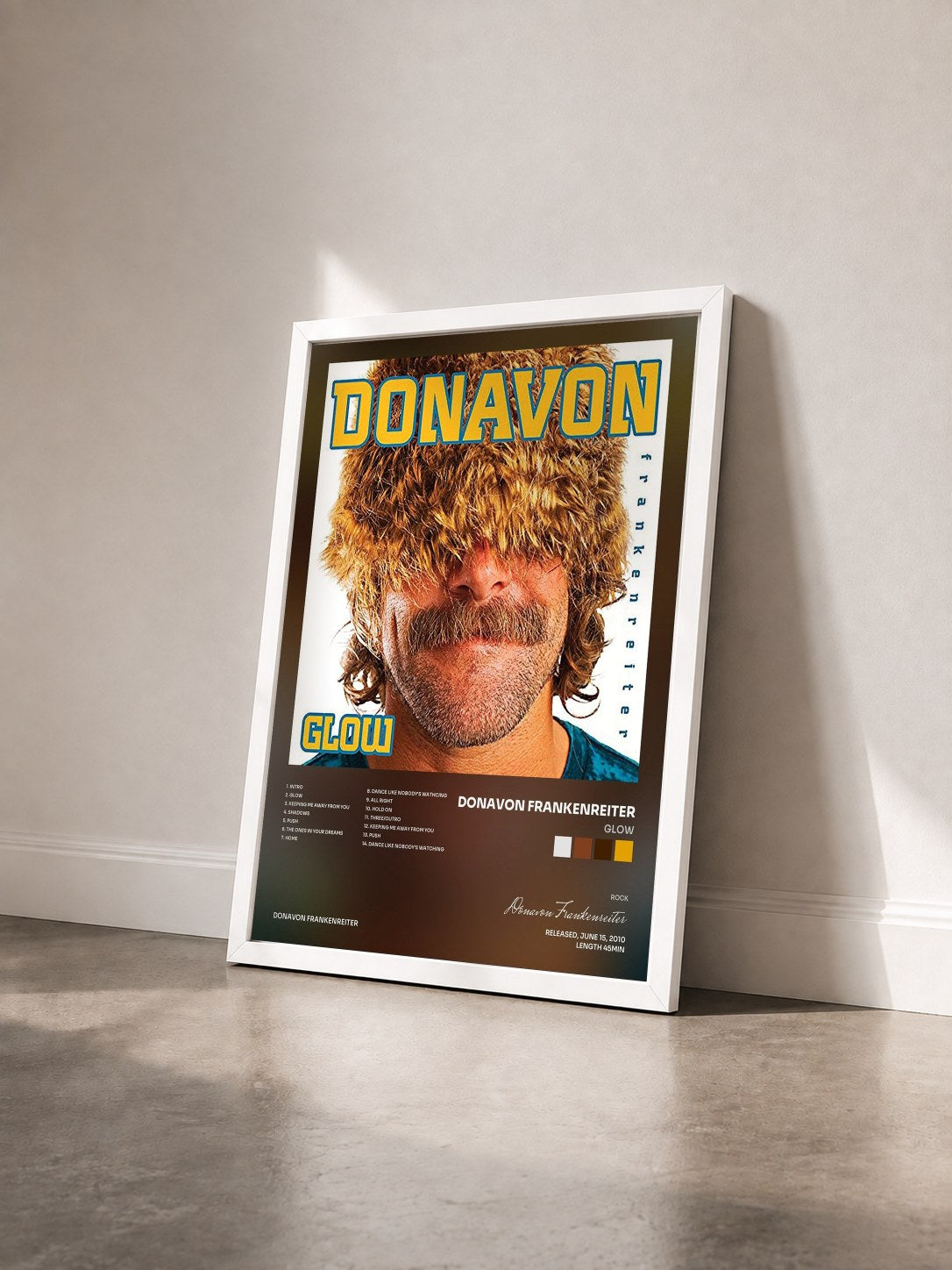 #blanc Tableau de l'album Glow de Donavon Frankenreiter vu de trois quarts, cadre blanc