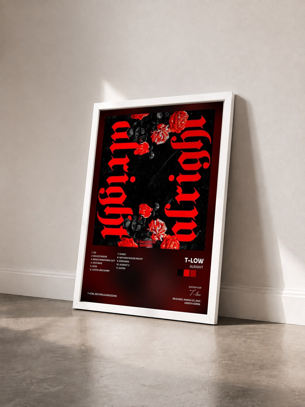 #blanc Tableau de l'album Alright de T-low vu de trois quarts, cadre blanc