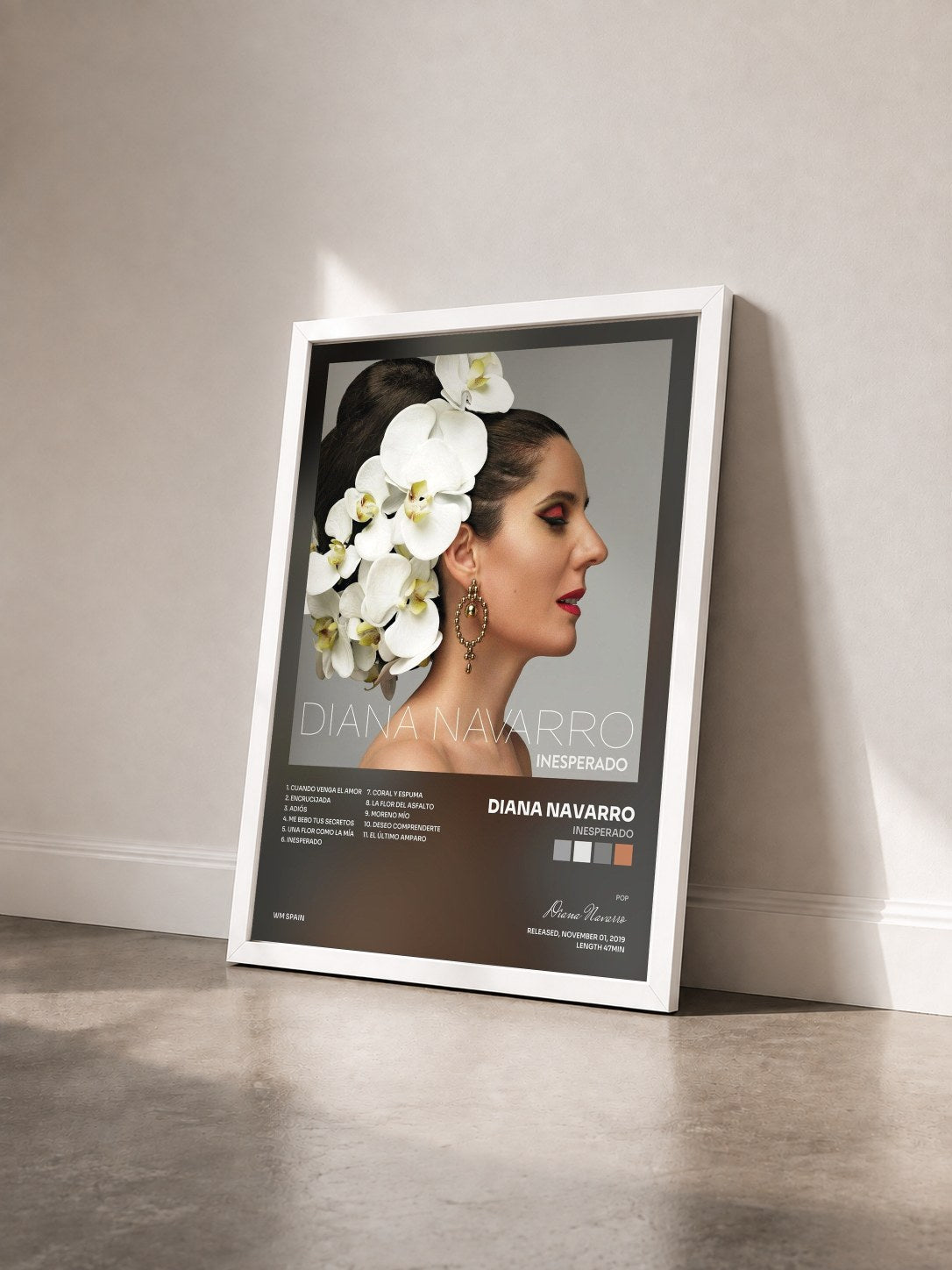 #blanc Tableau de l'album Inesperado de Diana Navarro vu de trois quarts, cadre blanc