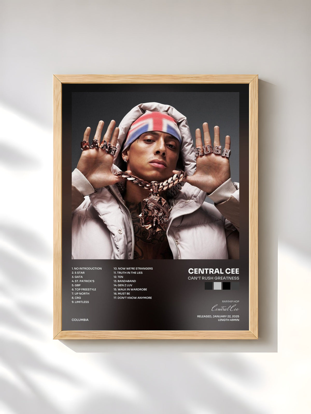 #bois Tableau de l'album CAN'T RUSH GREATNESS de Central Cee, cadre en bois brut, imprimé et encadré en France