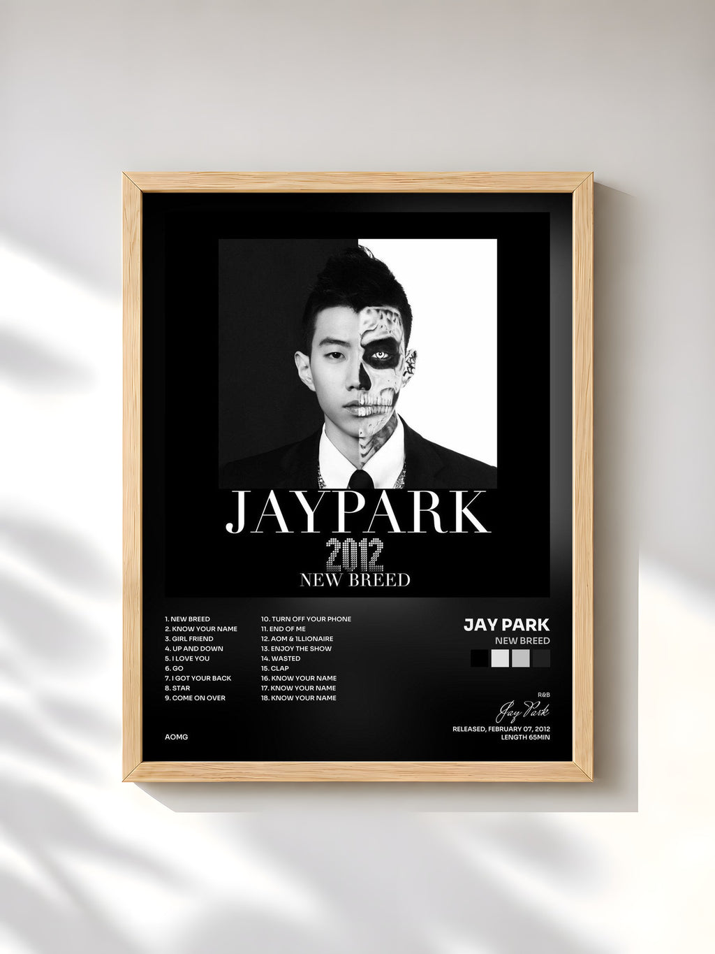 #bois Tableau de l'album New Breed de Jay Park, cadre en bois brut, imprimé et encadré en France