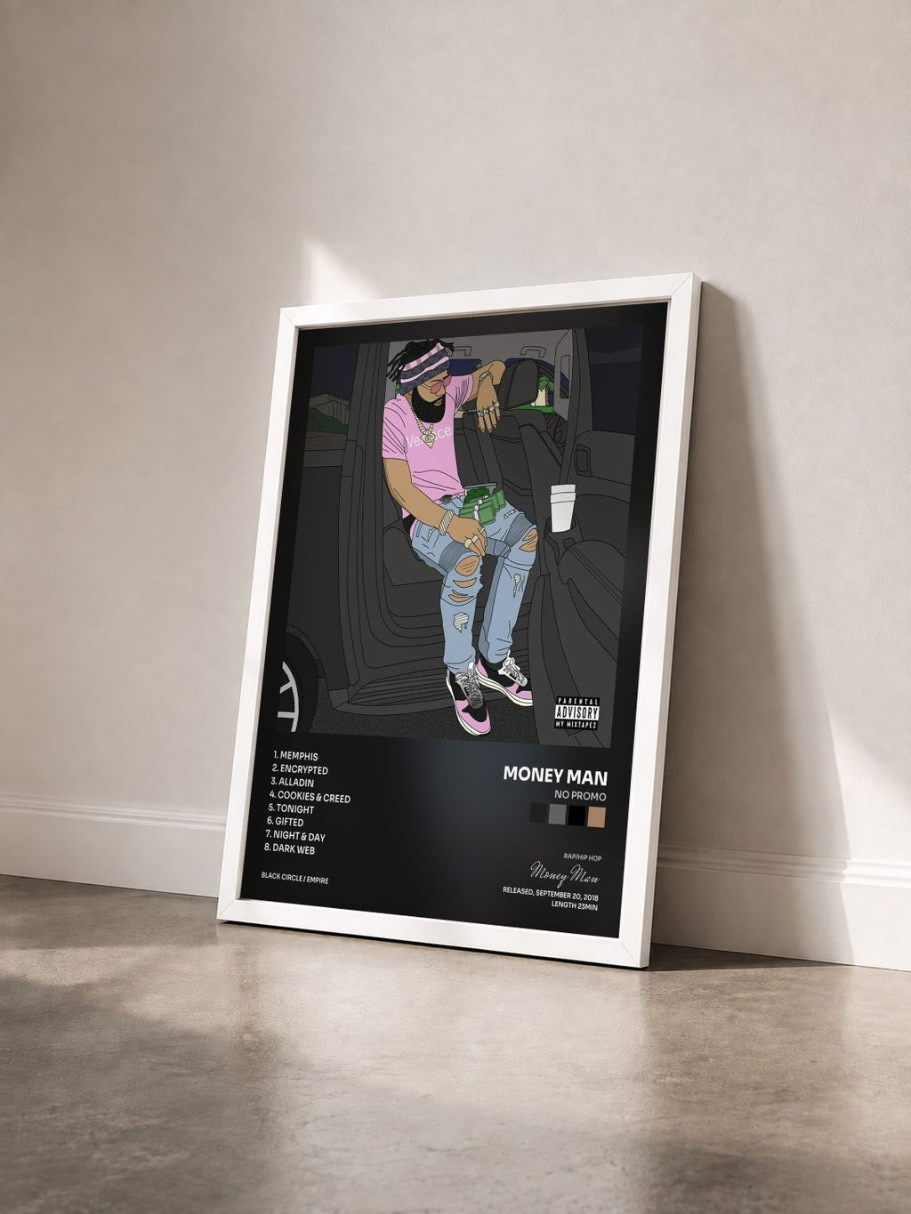 #blanc Tableau de l'album No Promo de Money Man vu de trois quarts, cadre blanc