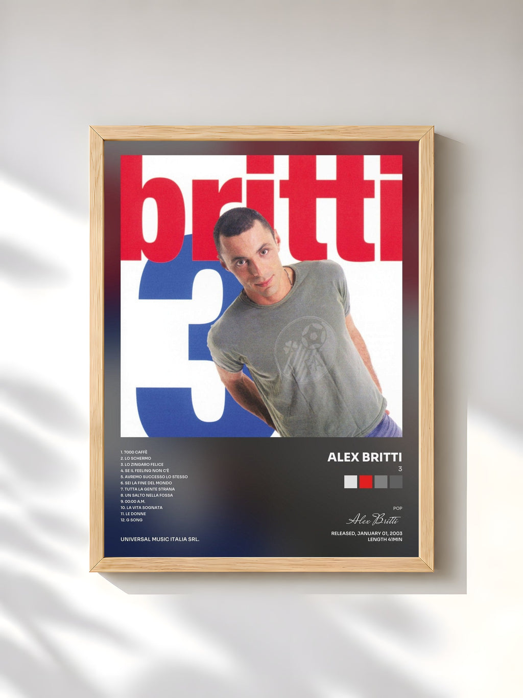 #bois Tableau de l'album 3 de Alex Britti, cadre en bois brut, imprimé et encadré en France