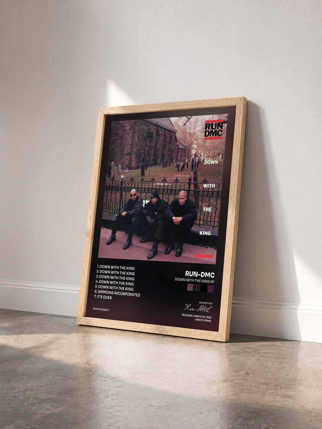 #bois Tableau de l'album Down with the King EP de Run-DMC vu de trois quarts, cadre en bois brut