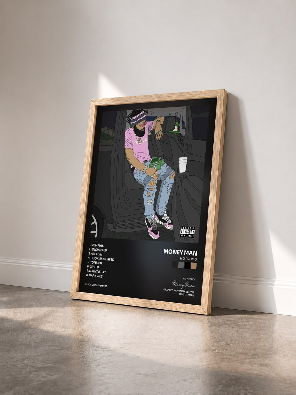 #bois Tableau de l'album No Promo de Money Man vu de trois quarts, cadre en bois brut