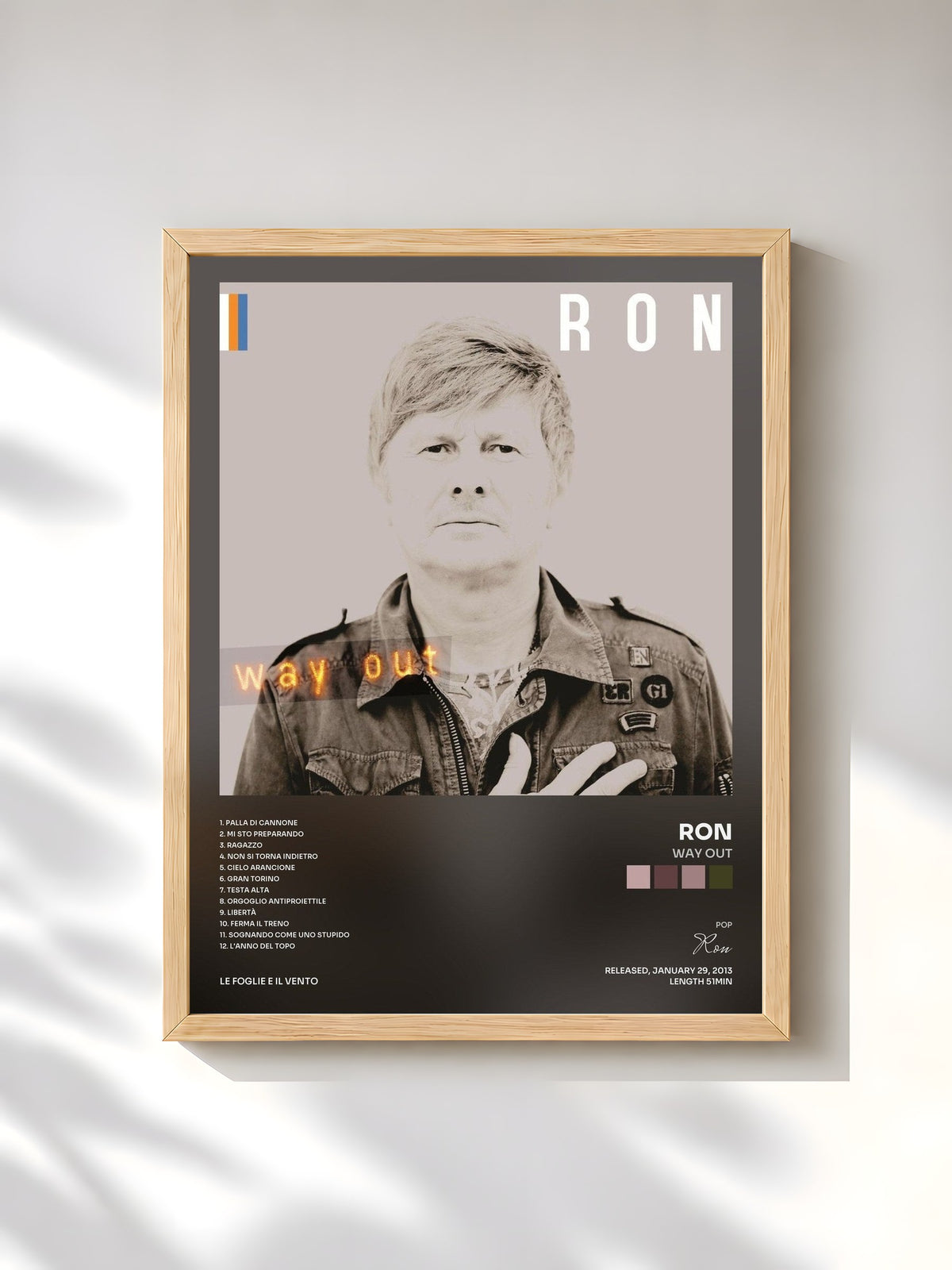 #bois Tableau de l'album Way Out de Ron, cadre en bois brut, imprimé et encadré en France