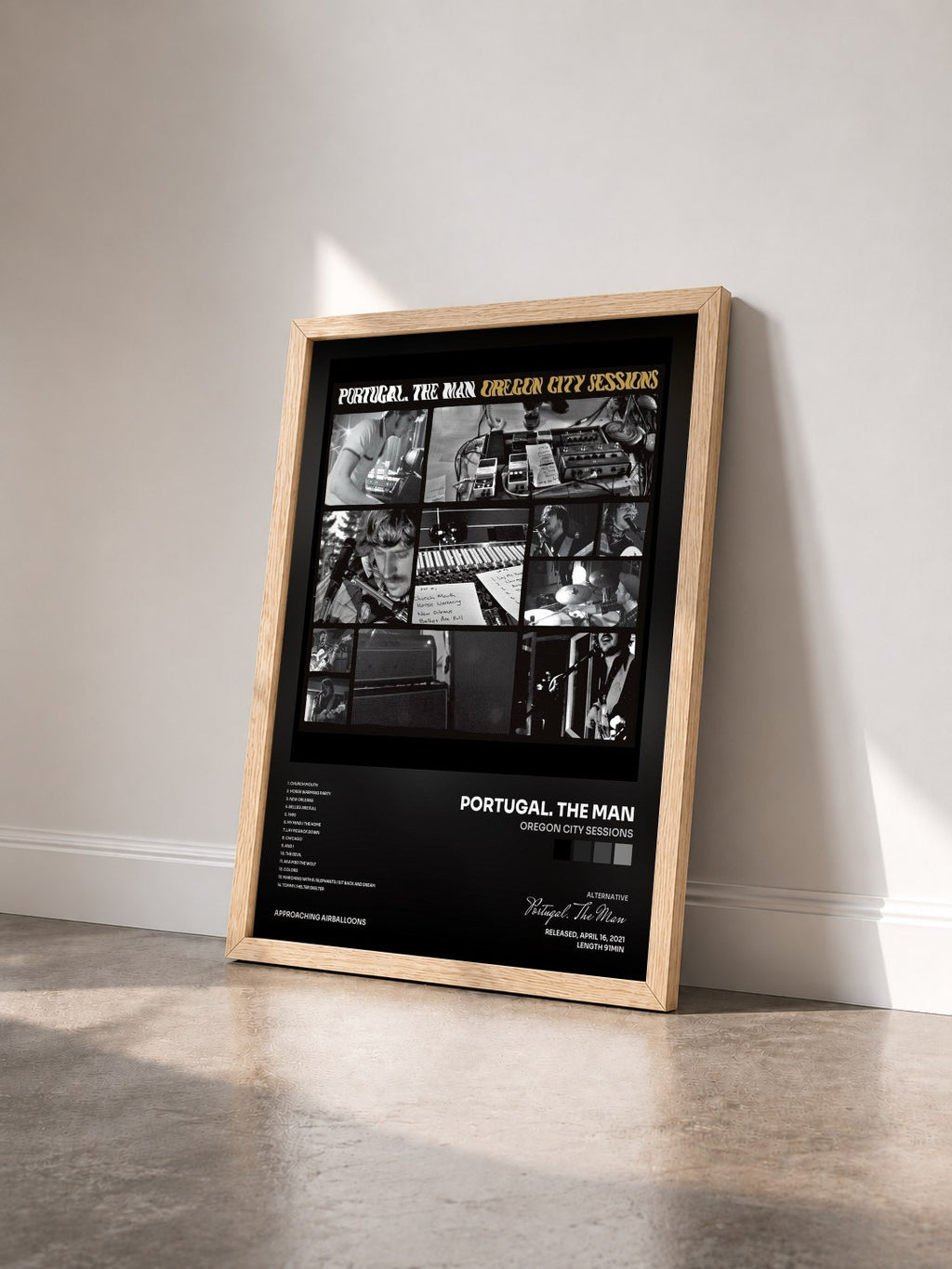 #bois Tableau de l'album Oregon City Sessions de Portugal. The Man vu de trois quarts, cadre en bois brut