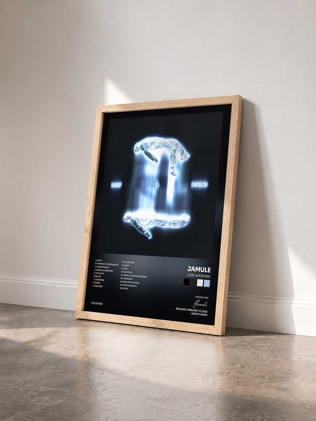 #bois Tableau de l'album Lost & Found de Jamule vu de trois quarts, cadre en bois brut