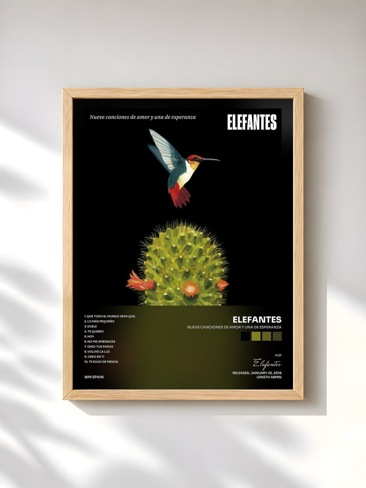 #bois Tableau de l'album nueve canciones de amor y una de esperanza de Elefantes, cadre en bois brut, imprimé et encadré en France