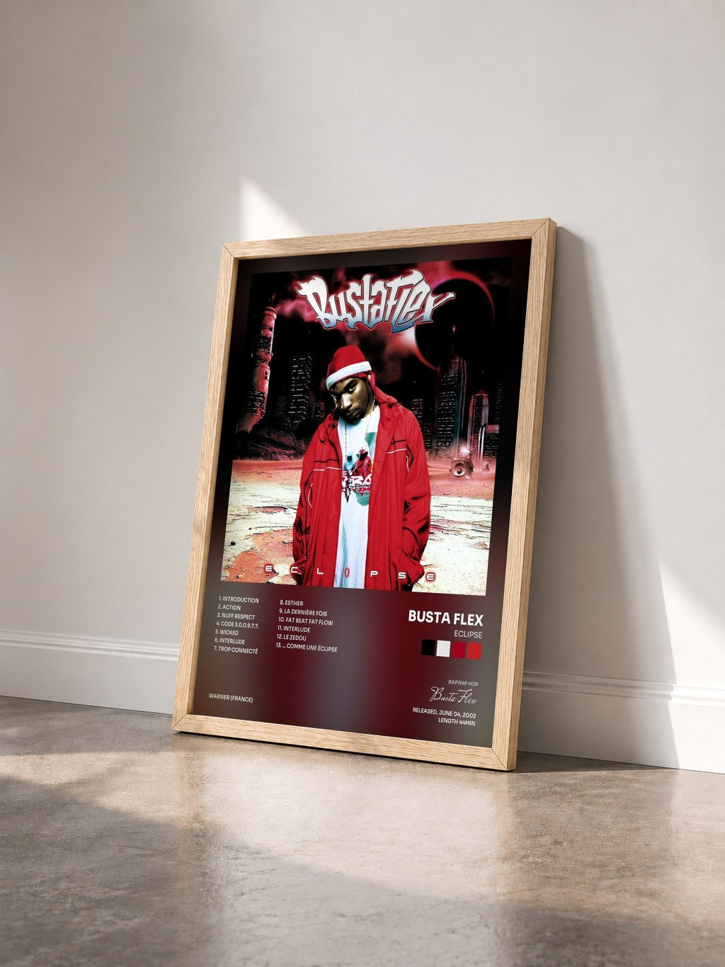 #bois Tableau de l'album Eclipse de Busta Flex vu de trois quarts, cadre en bois brut