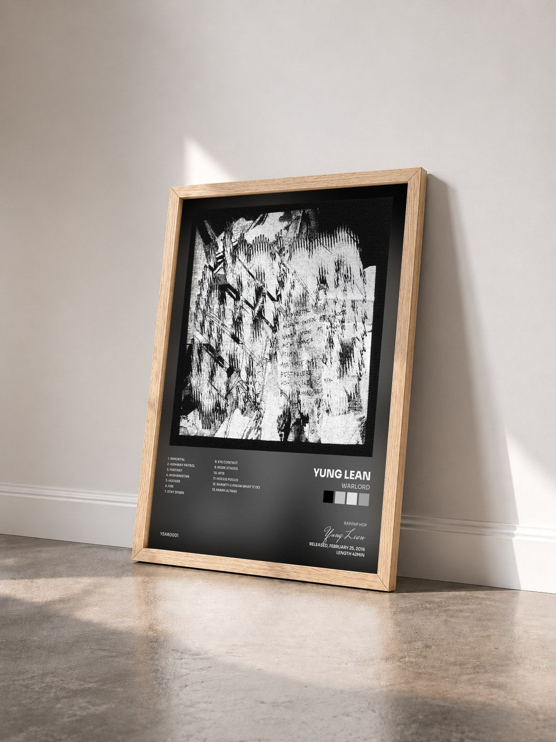 #bois Tableau de l'album Warlord de Yung Lean vu de trois quarts, cadre en bois brut