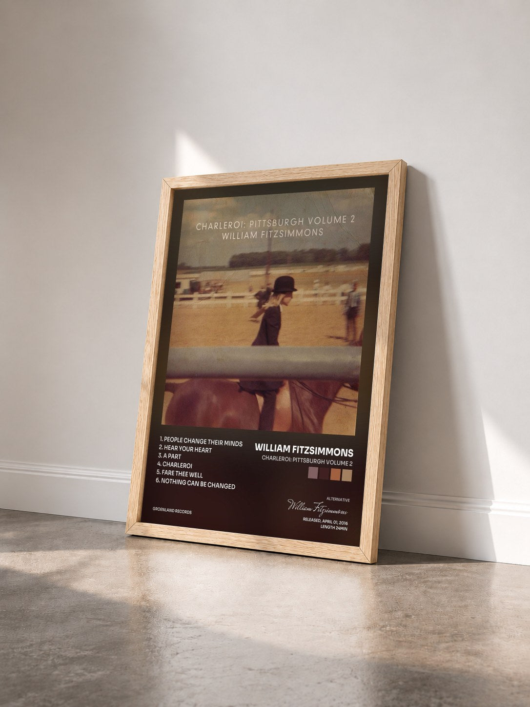 #bois Tableau de l'album Charleroi: Pittsburgh Volume 2 de William Fitzsimmons vu de trois quarts, cadre en bois brut