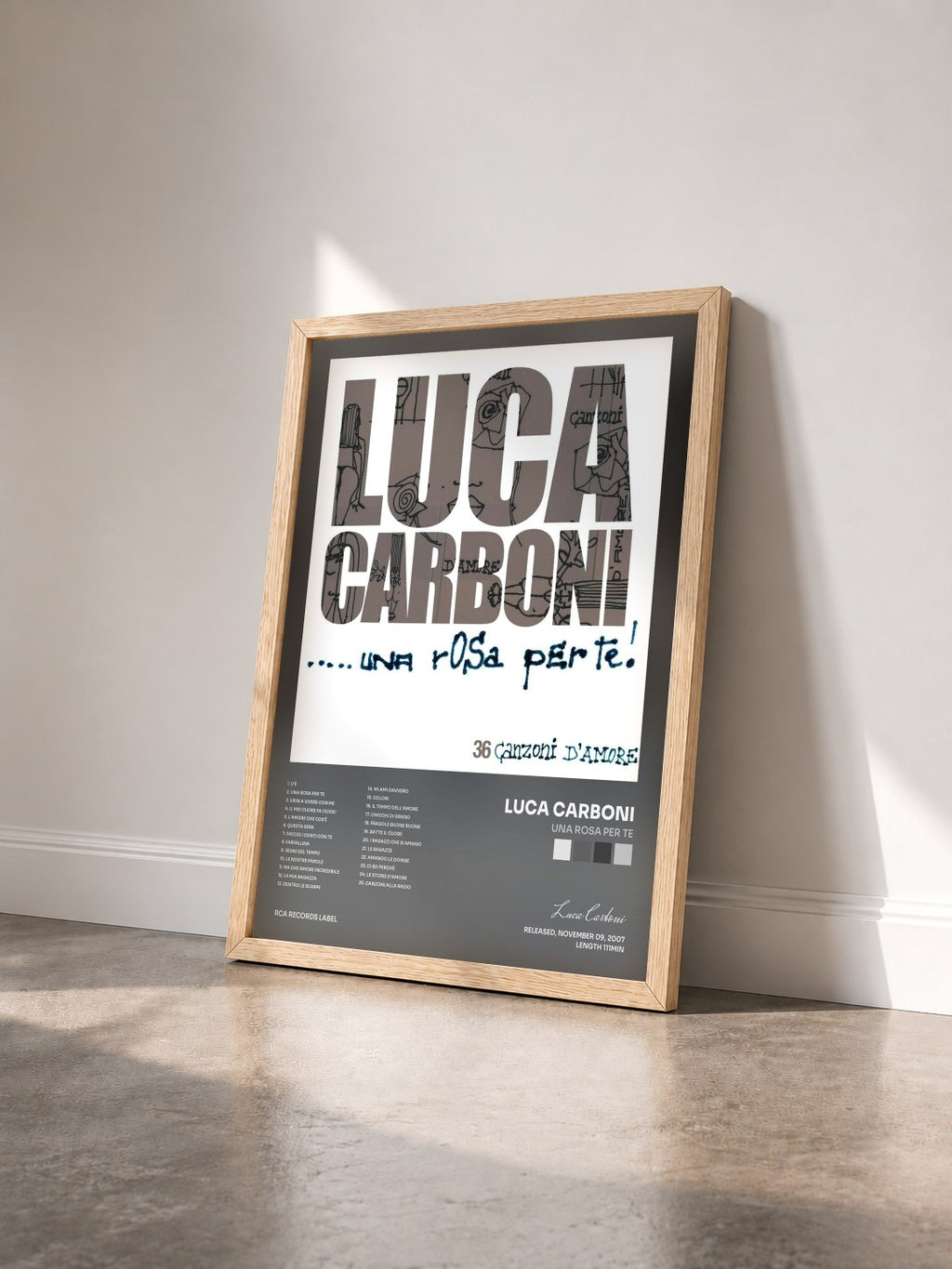 #bois Tableau de l'album Una Rosa Per Te de Luca Carboni vu de trois quarts, cadre en bois brut