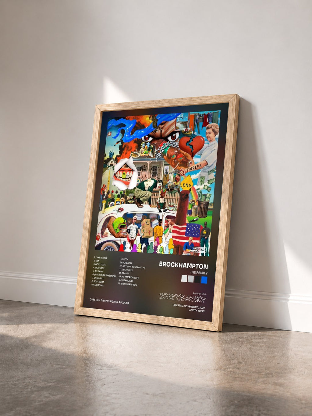 #bois Tableau de l'album The Family de BROCKHAMPTON vu de trois quarts, cadre en bois brut