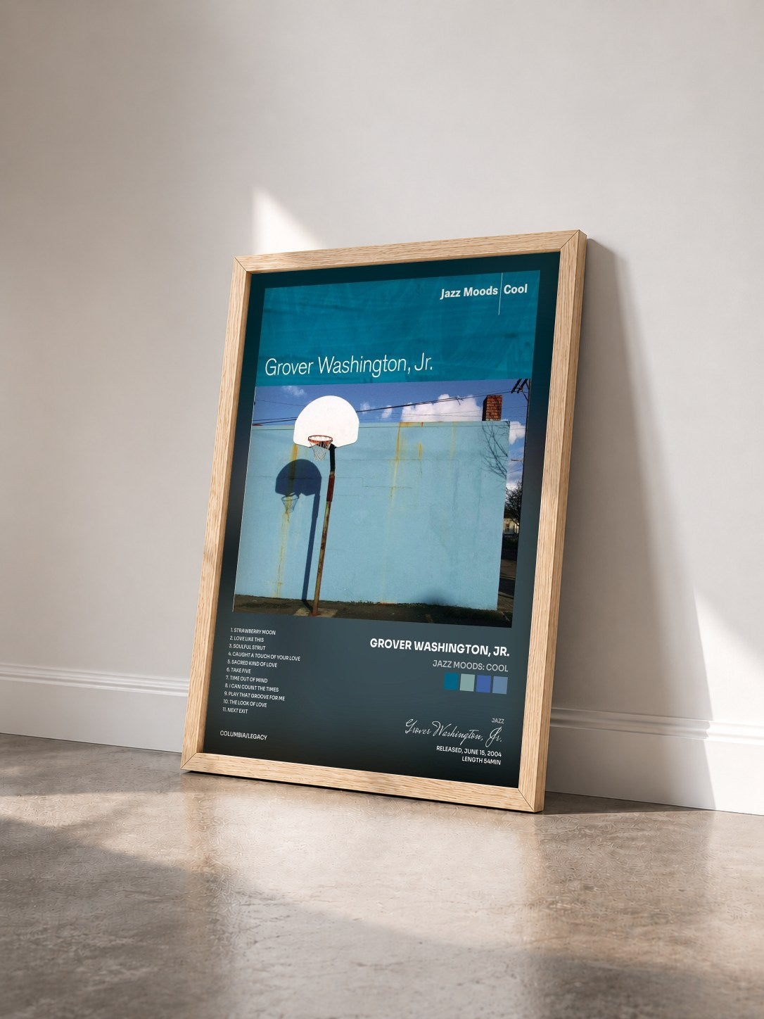 #bois Tableau de l'album Jazz Moods: Cool de Grover Washington, Jr. vu de trois quarts, cadre en bois brut