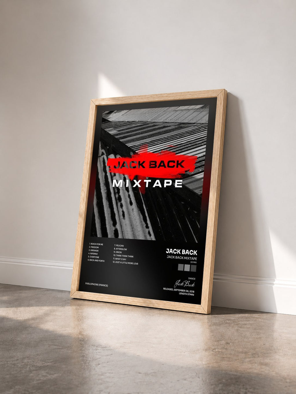 #bois Tableau de l'album Jack Back Mixtape (DJ Mix) de Jack Back vu de trois quarts, cadre en bois brut