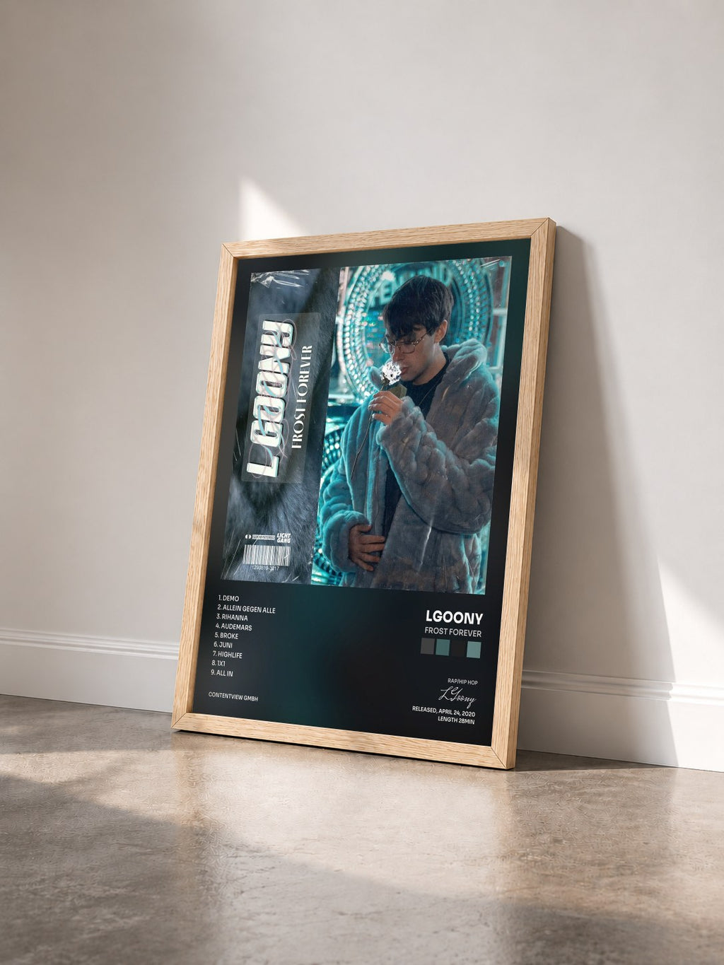 #bois Tableau de l'album Frost Forever de LGoony vu de trois quarts, cadre en bois brut
