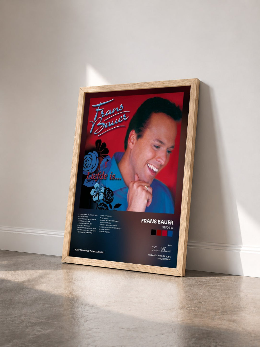 #bois Tableau de l'album Liefde Is de Frans Bauer vu de trois quarts, cadre en bois brut
