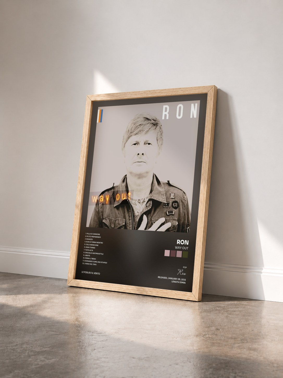 #bois Tableau de l'album Way Out de Ron vu de trois quarts, cadre en bois brut