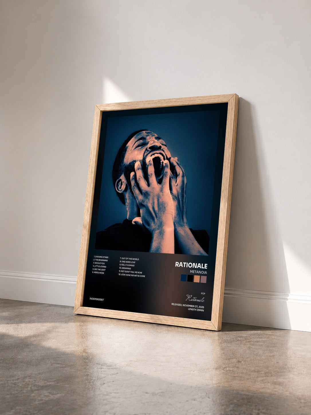 #bois Tableau de l'album Metanoia de Rationale vu de trois quarts, cadre en bois brut