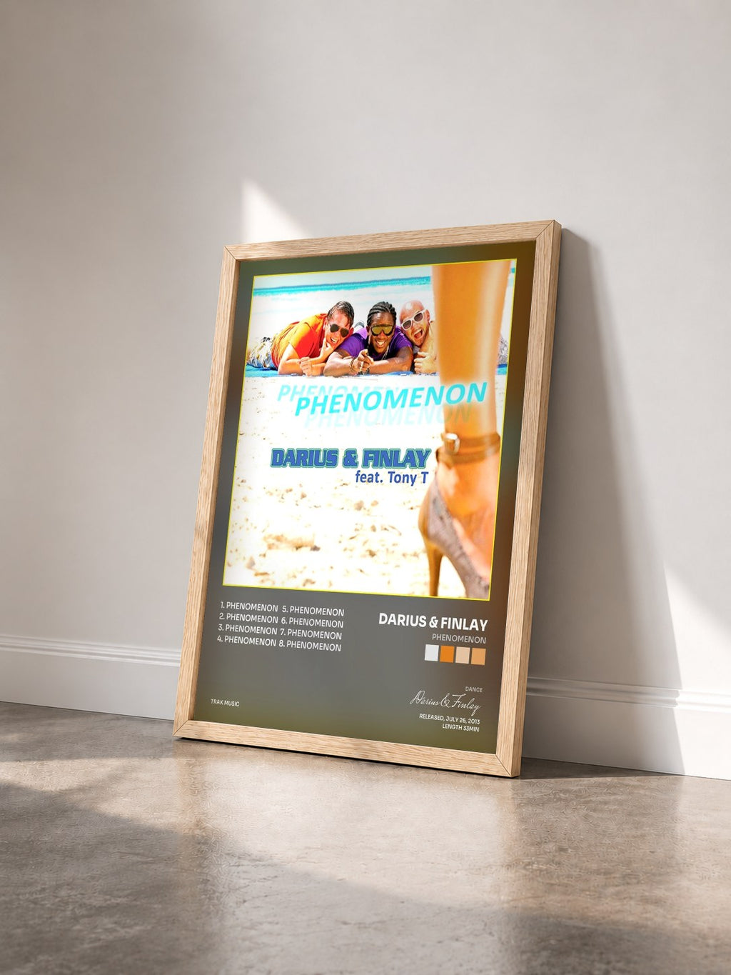 #bois Tableau de l'album Phenomenon de Darius & Finlay vu de trois quarts, cadre en bois brut