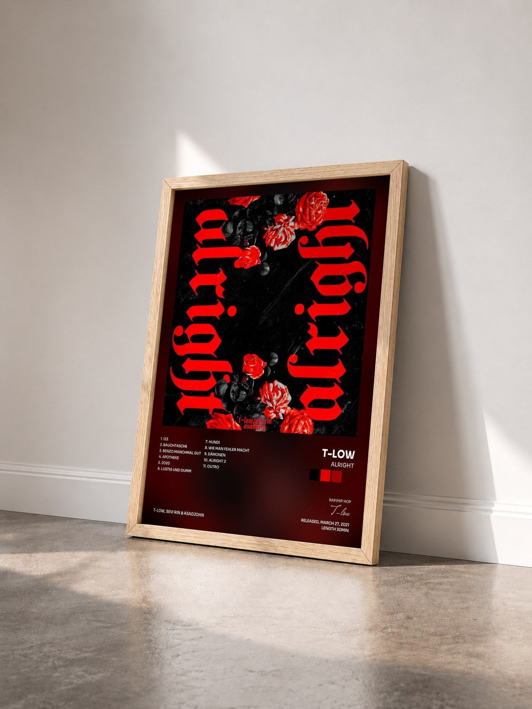 #bois Tableau de l'album Alright de T-low vu de trois quarts, cadre en bois brut