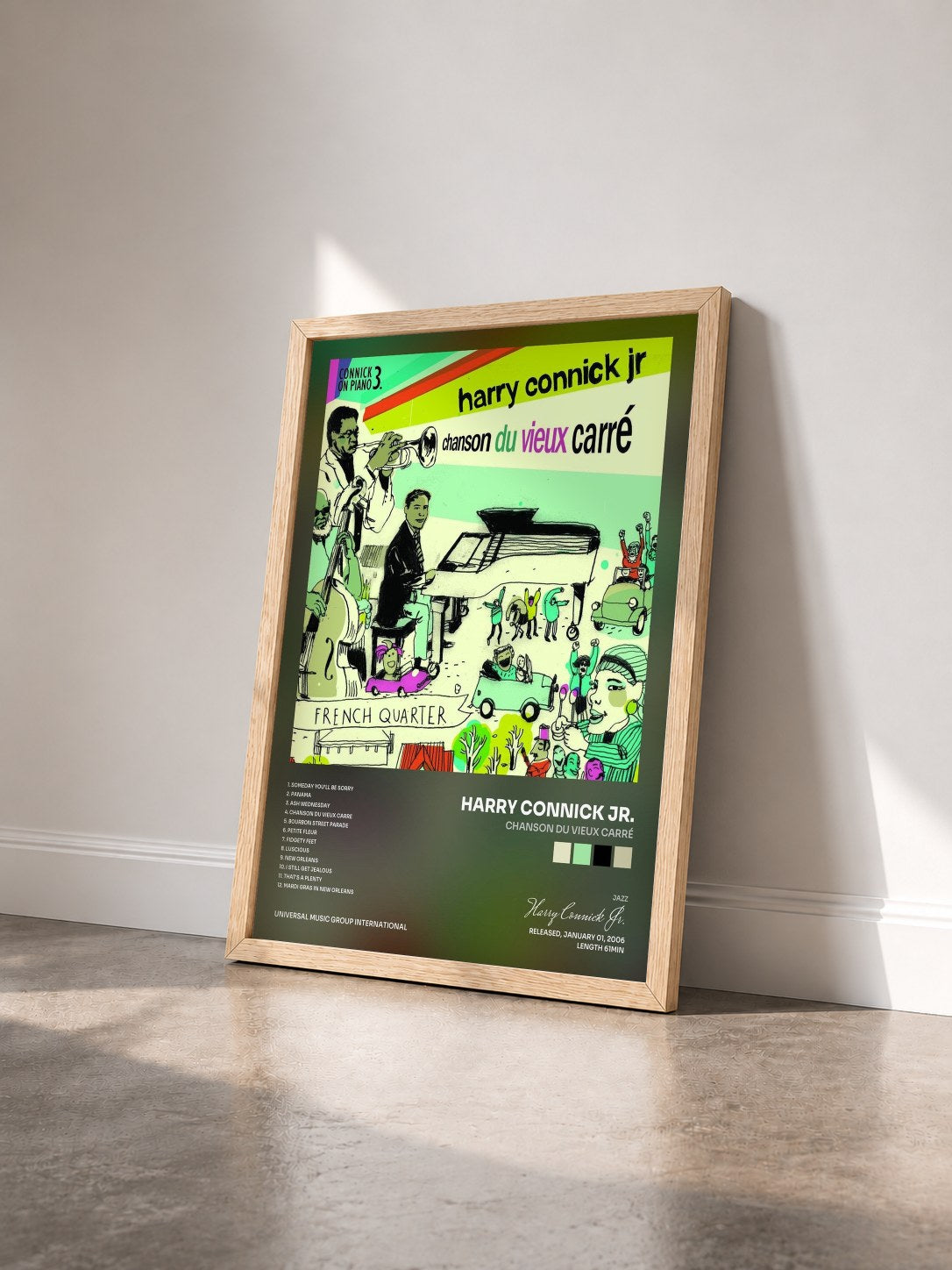 #bois Tableau de l'album Chanson du Vieux Carré de Harry Connick Jr. vu de trois quarts, cadre en bois brut