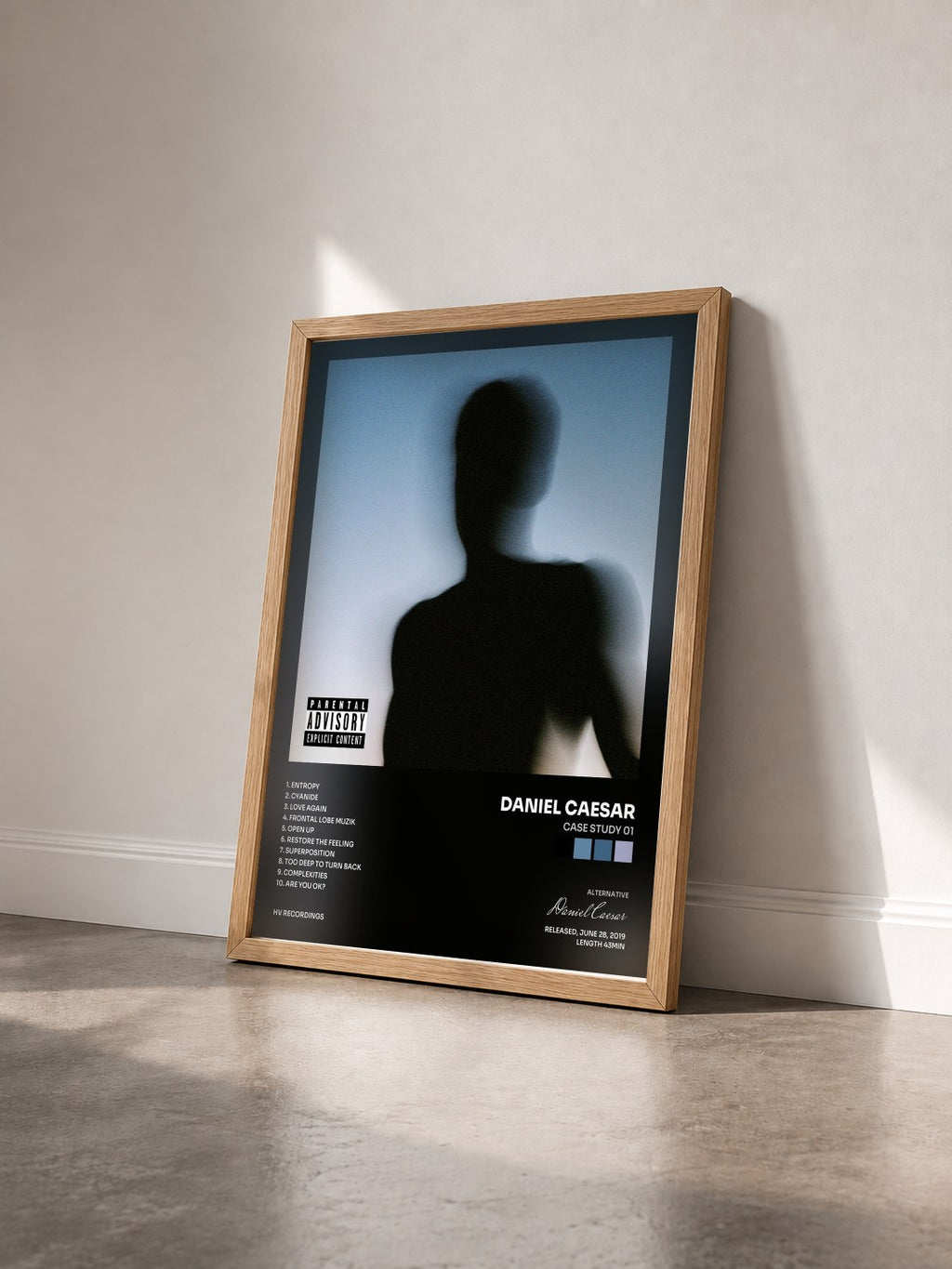 #bois Tableau de l'album CASE STUDY 01 de Daniel Caesar vu de trois quarts, cadre en bois brut