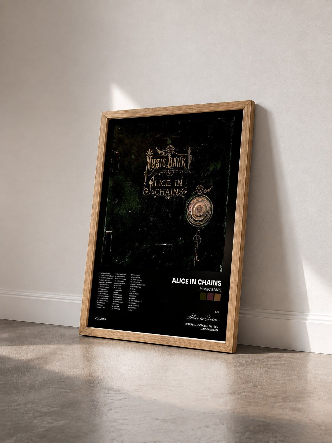 #bois Tableau de l'album Music Bank de Alice in Chains vu de trois quarts, cadre en bois brut