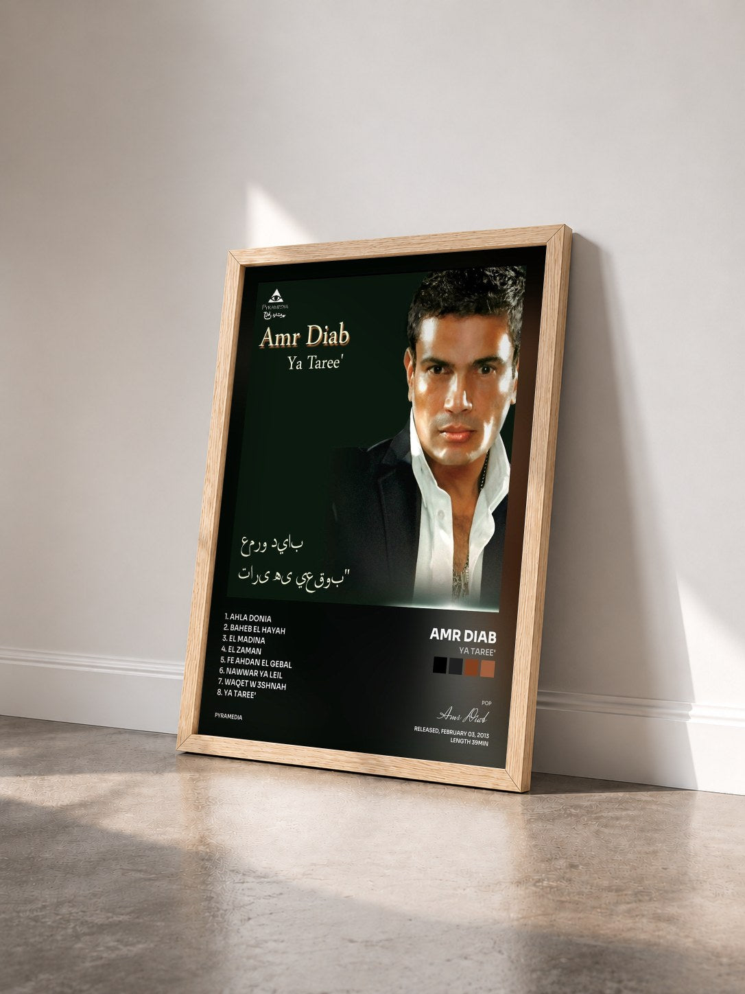 #bois Tableau de l'album ya taree' de Amr Diab vu de trois quarts, cadre en bois brut