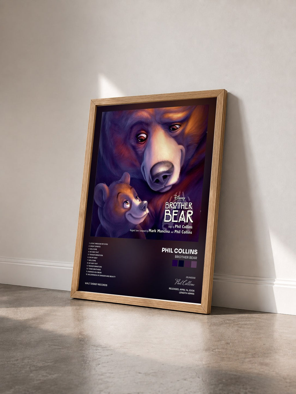 #bois Tableau de l'album Brother Bear de Phil Collins vu de trois quarts, cadre en bois brut