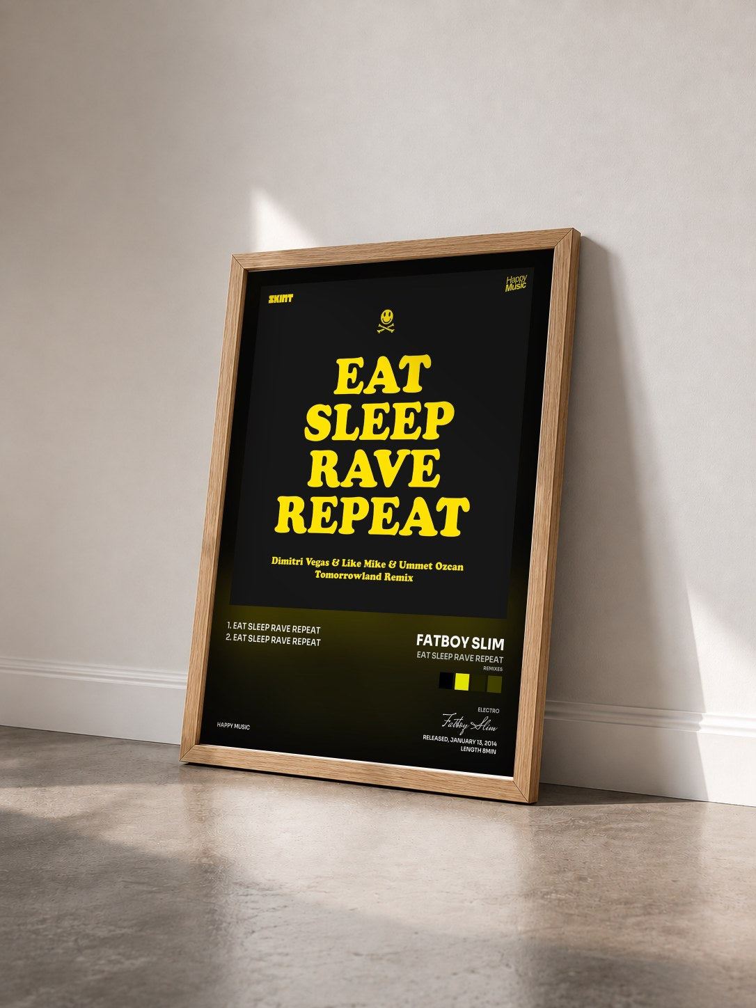 #bois Tableau de l'album Eat Sleep Rave Repeat (Remixes) - EP de Fatboy Slim vu de trois quarts, cadre en bois brut