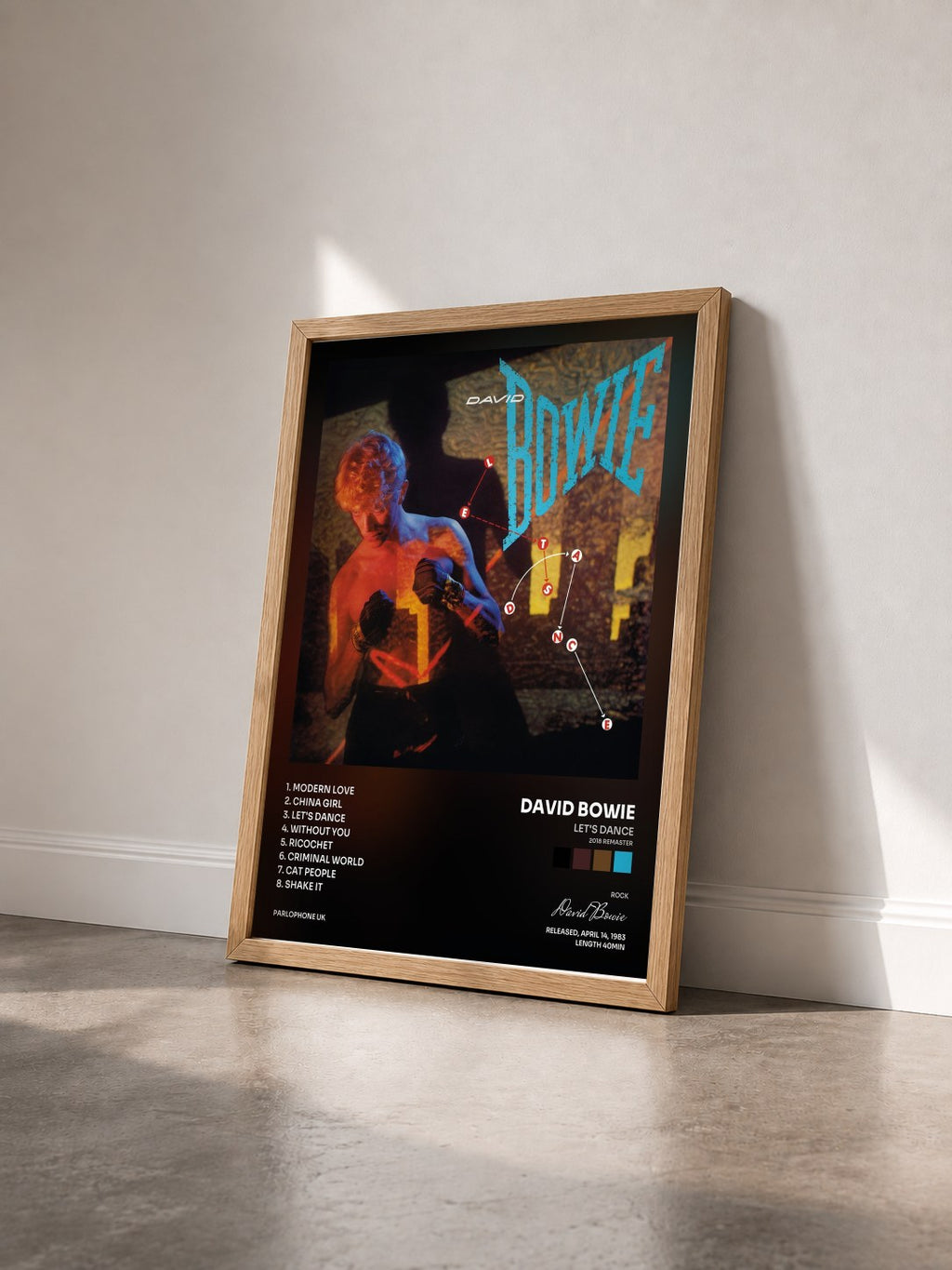 #bois Tableau de l'album Let's Dance (2018 Remaster) de David Bowie vu de trois quarts, cadre en bois brut