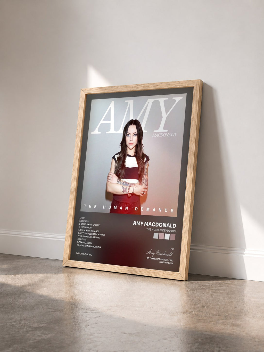 #bois Tableau de l'album The Human Demands de Amy Macdonald vu de trois quarts, cadre en bois brut