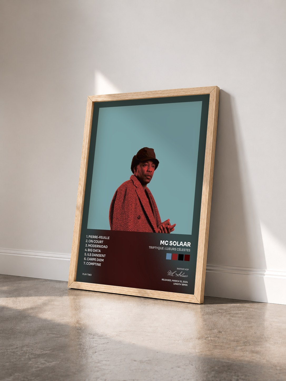 #bois Tableau de l'album Triptyque : Lueurs célestes de MC Solaar vu de trois quarts, cadre en bois brut