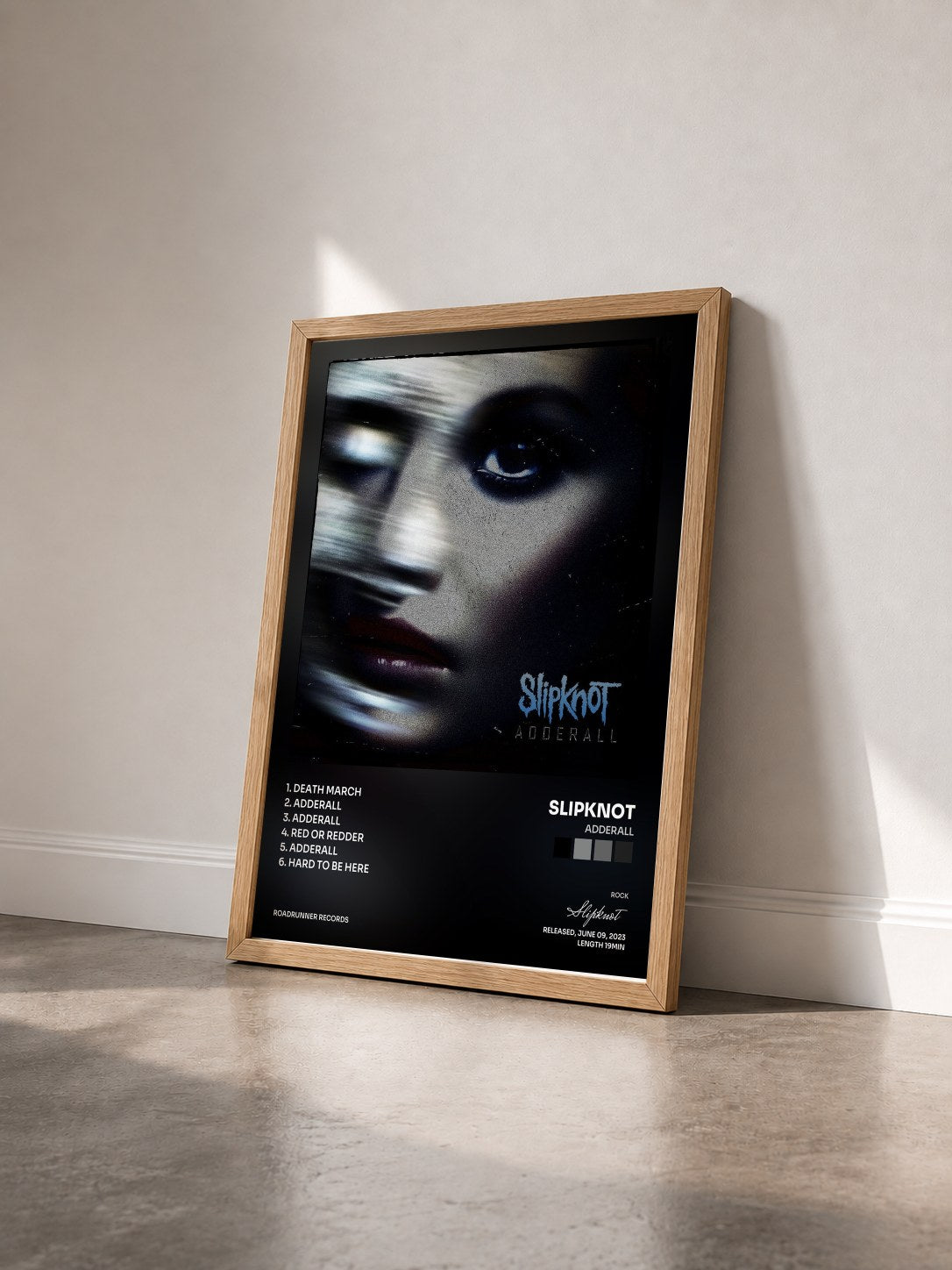 #bois Tableau de l'album Adderall de Slipknot vu de trois quarts, cadre en bois brut