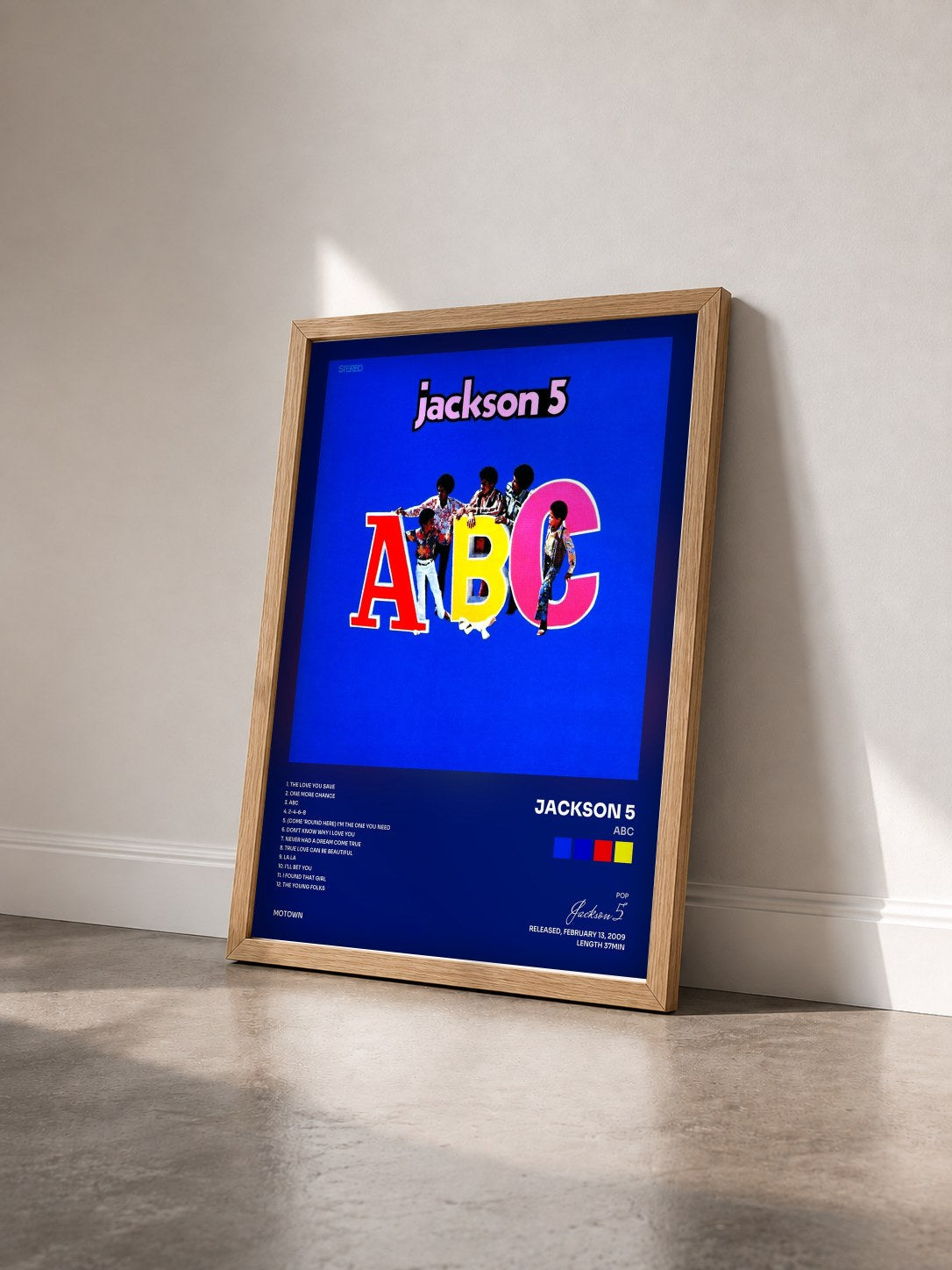 #bois Tableau de l'album ABC de Jackson 5 vu de trois quarts, cadre en bois brut
