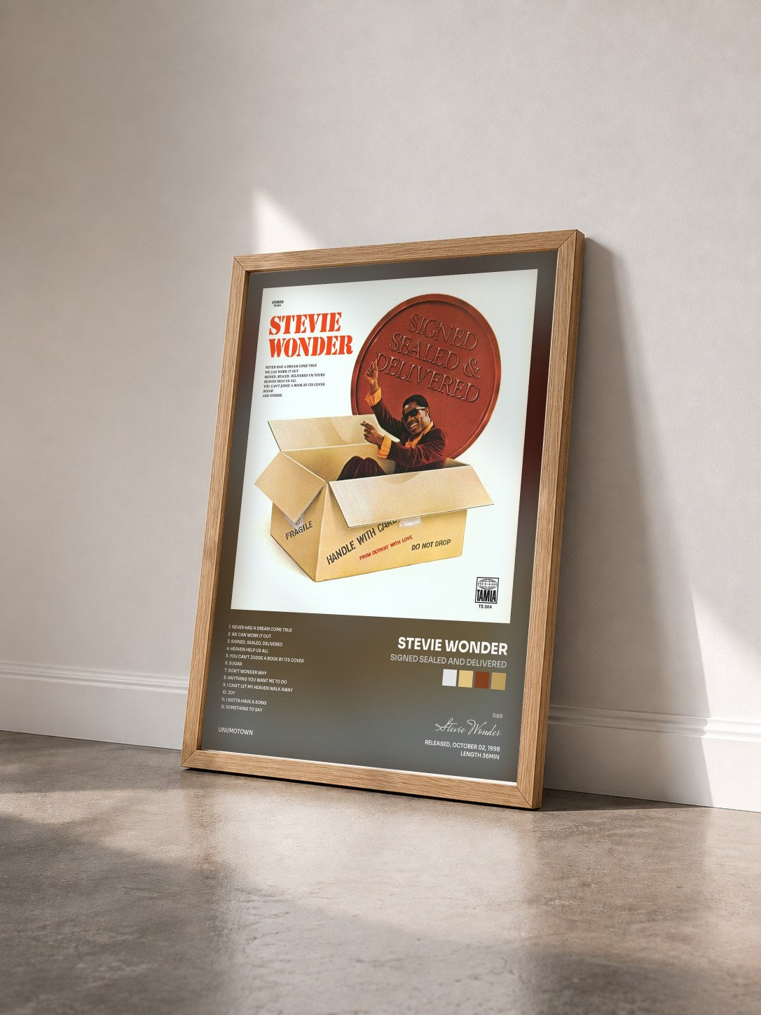 #bois Tableau de l'album Signed Sealed And Delivered de Stevie Wonder vu de trois quarts, cadre en bois brut