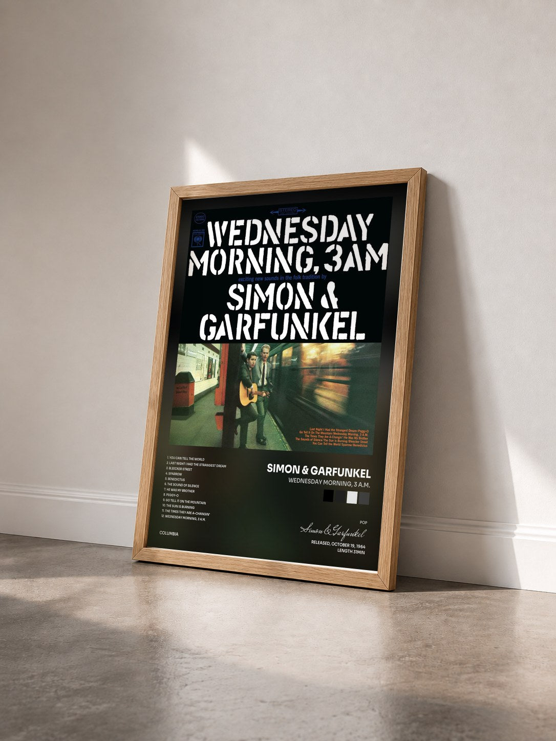 #bois Tableau de l'album Wednesday Morning, 3 A.M. de Simon & Garfunkel vu de trois quarts, cadre en bois brut
