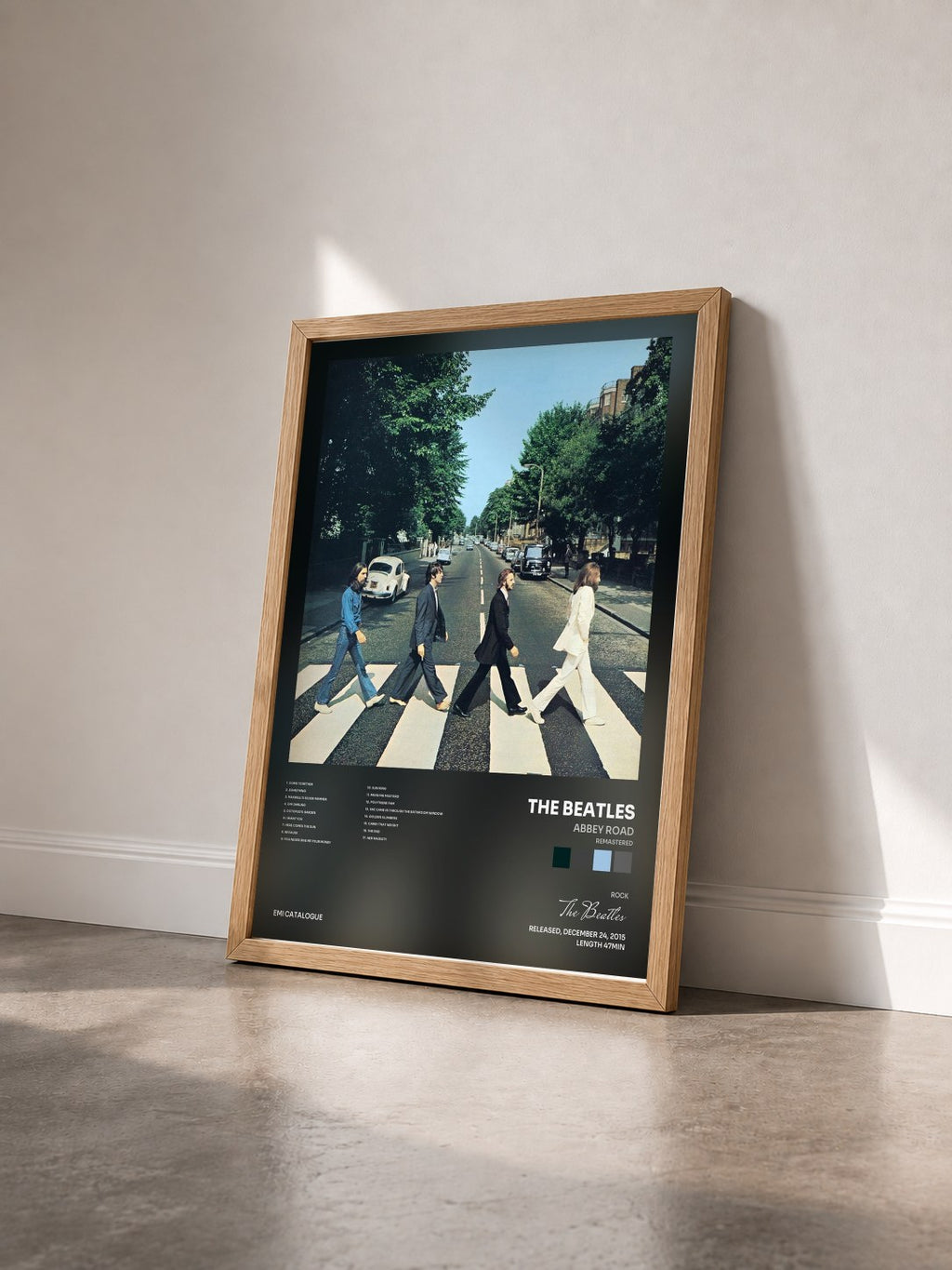 #bois Tableau de l'album Abbey Road (Remastered) de The Beatles vu de trois quarts, cadre en bois brut