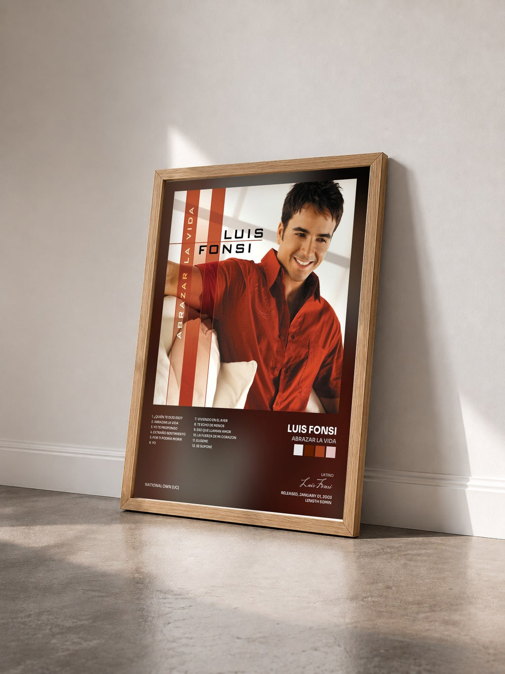 #bois Tableau de l'album Abrazar La Vida de Luis Fonsi vu de trois quarts, cadre en bois brut