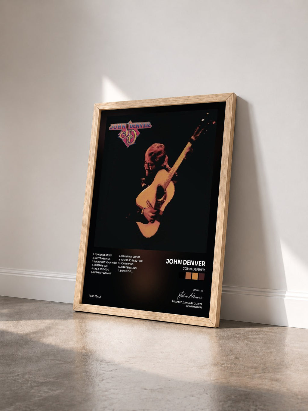 #bois Tableau de l'album John Denver de John Denver vu de trois quarts, cadre en bois brut