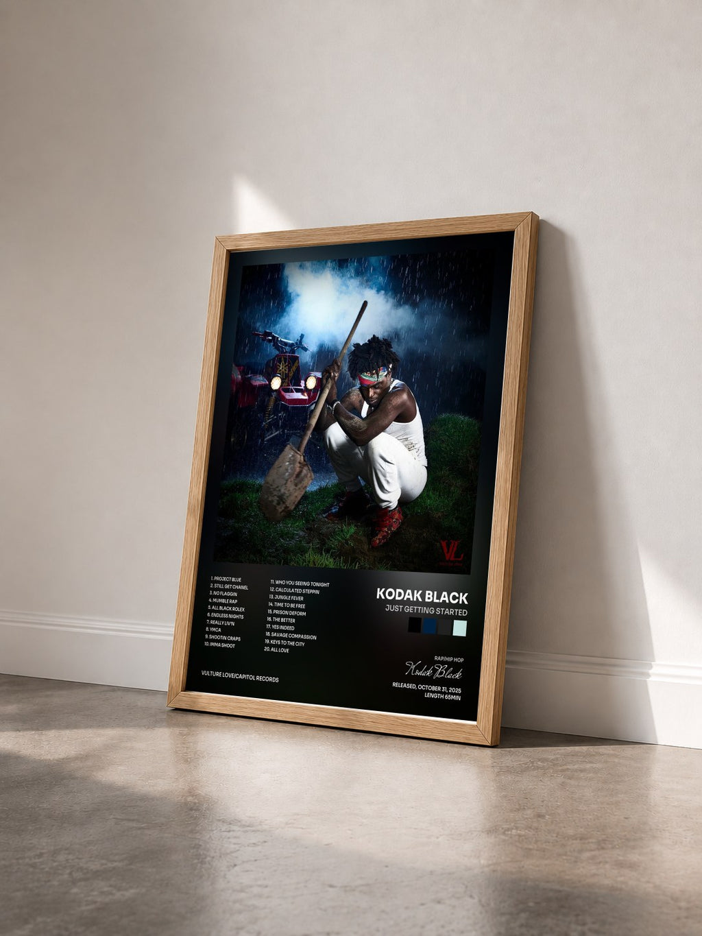 #bois Tableau de l'album Just Getting Started de Kodak Black vu de trois quarts, cadre en bois brut