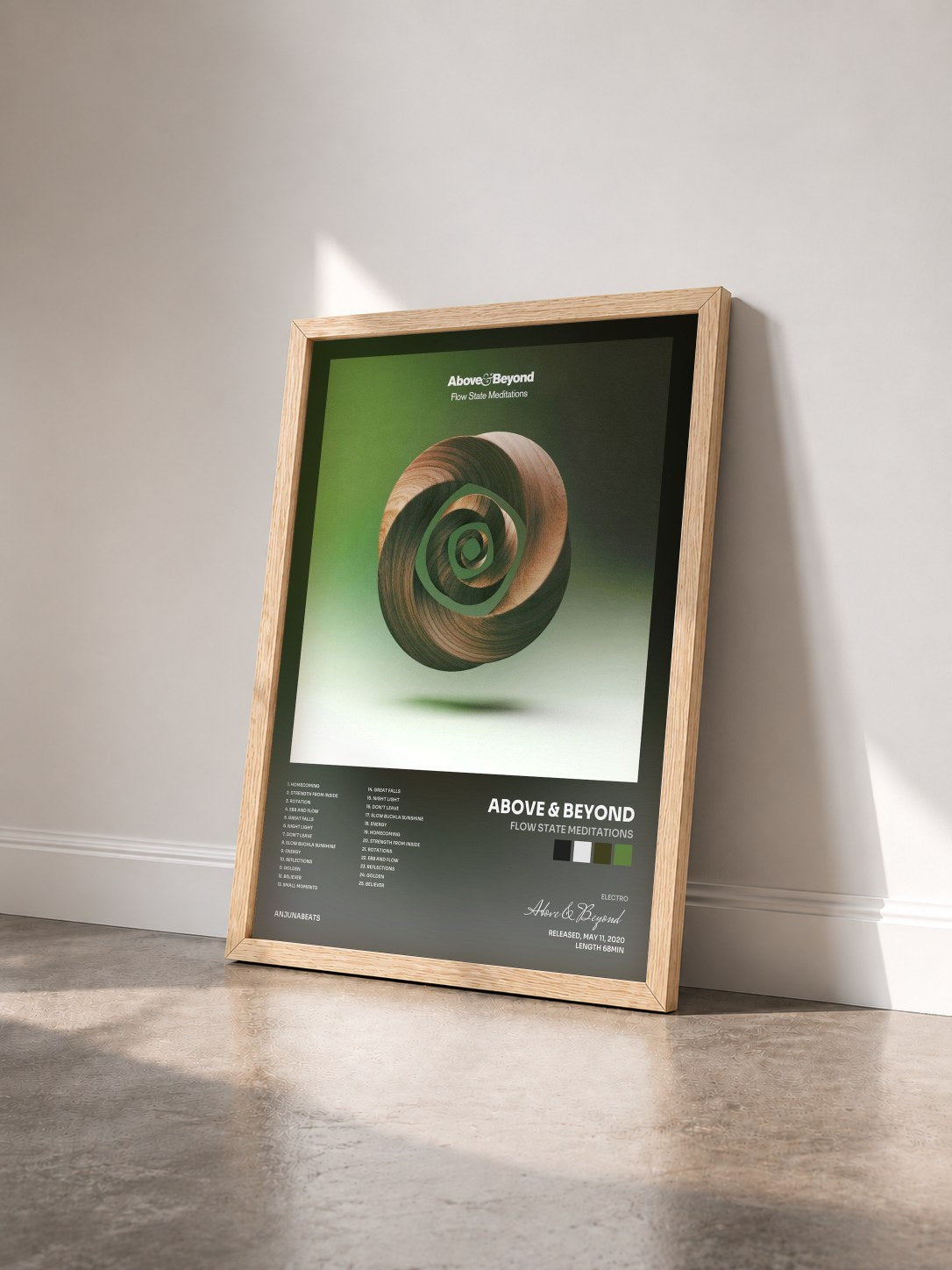 #bois Tableau de l'album Flow State Meditations de Above & Beyond vu de trois quarts, cadre en bois brut