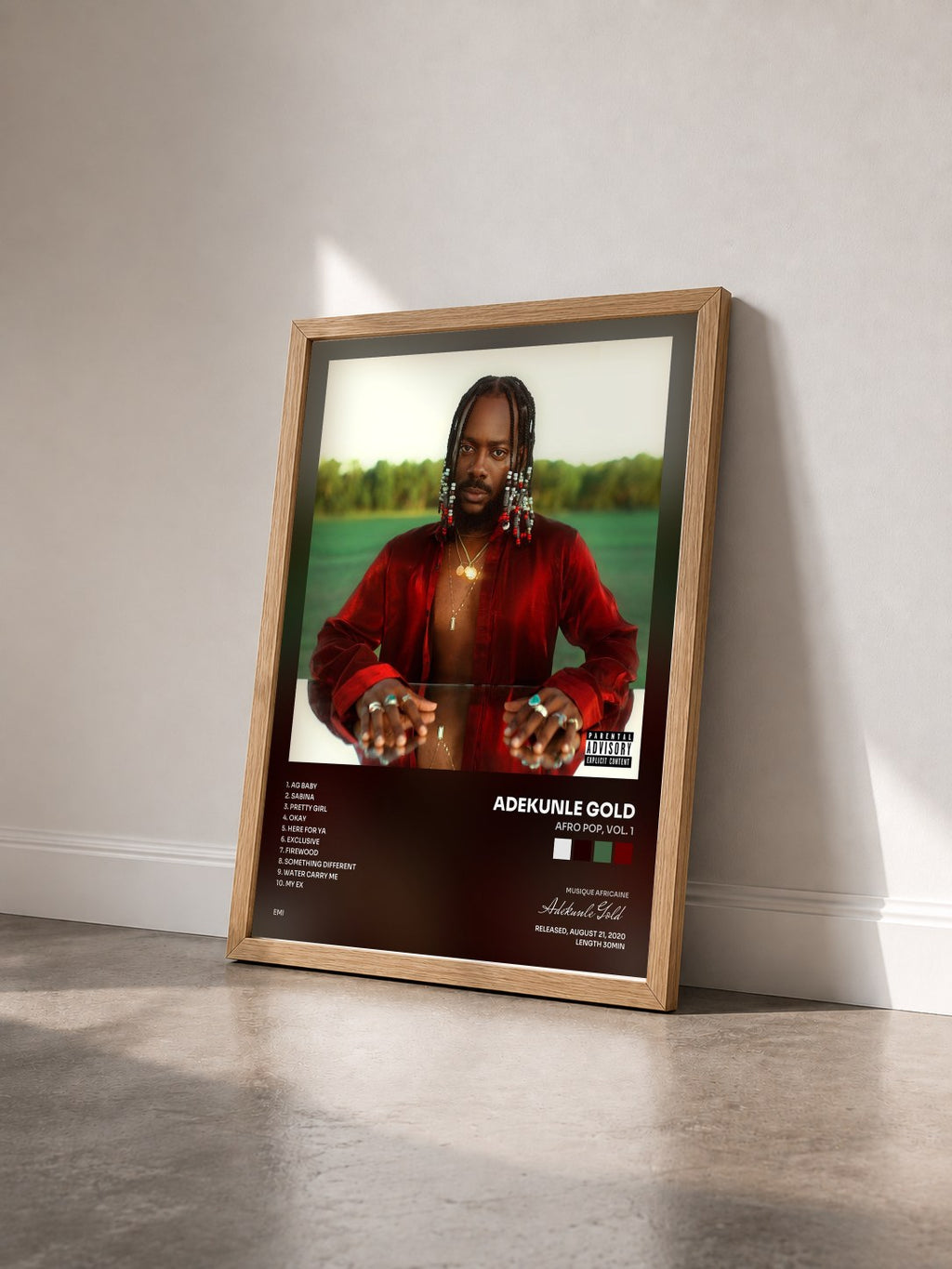 #bois Tableau de l'album Afro Pop, Vol. 1 de Adekunle Gold vu de trois quarts, cadre en bois brut
