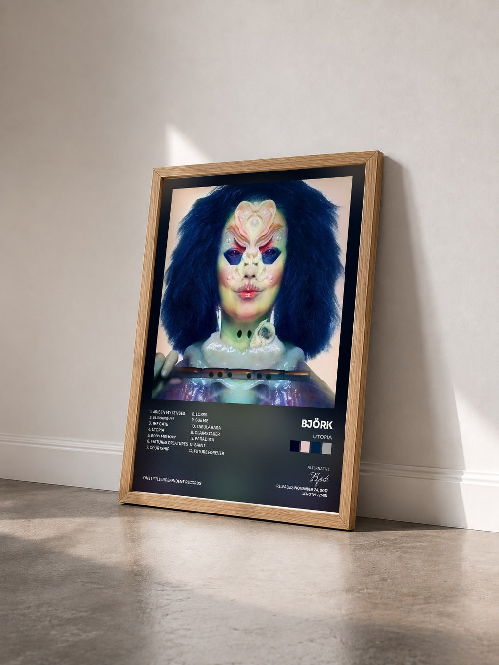 #bois Tableau de l'album Utopia de Björk vu de trois quarts, cadre en bois brut